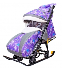 RT Санки-коляска SNOW GALAXY LUXE Елки на фиолетовом на больших мягких колесах+сумка+муфта 