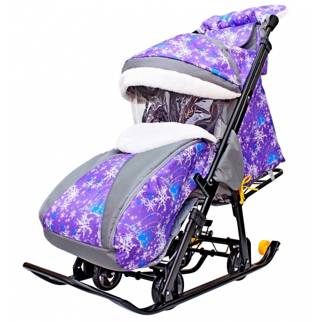 RT Санки-коляска SNOW GALAXY LUXE Елки на фиолетовом на больших мягких колесах+сумка+муфта 