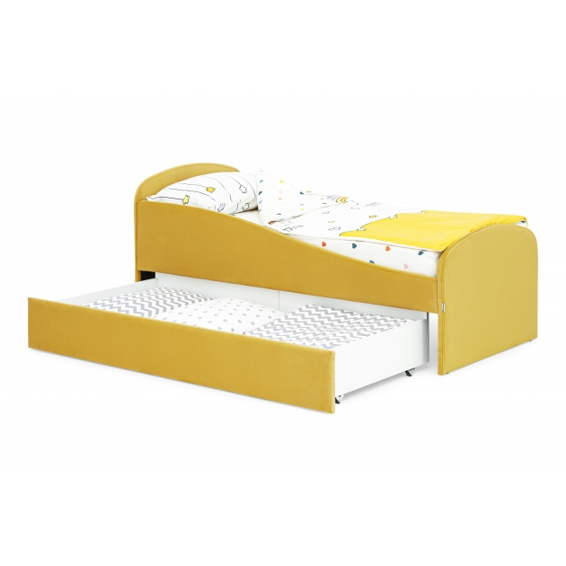 Детская мягкая кровать с ящиком Бельмарко Letmo горчичный велюр