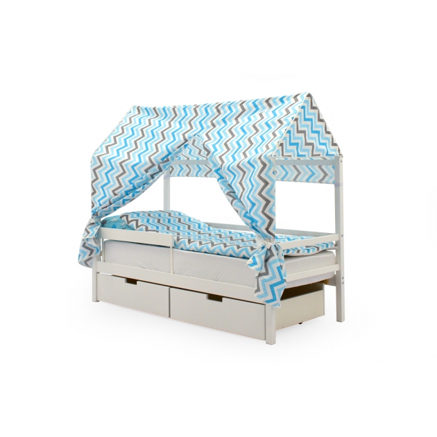 Крыша текстильная Бельмарко для кровати-домика Svogen зигзаги синий, голубой, графит, фон белый