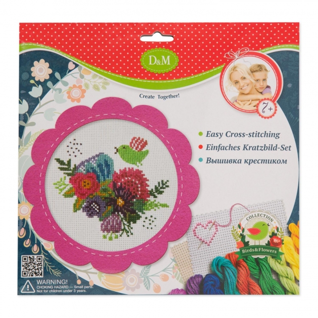Набор для вышивания крестиком цветы и птицы в розовой рамке Делай с мамой 57899
