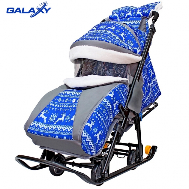 Санки коляска snow Galaxy luxe зимняя ночь олени синие сумка муфта 6080