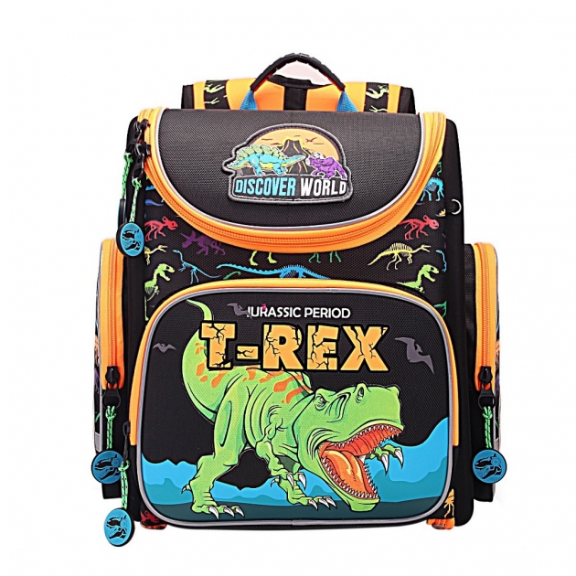 Рюкзак Grizzly ra-870-61 динозавр rex чернооранжевый с мешком для обуви