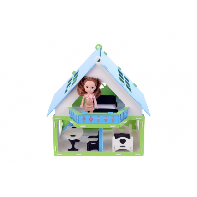 Домик для кукол R&S Дачный дом Варенька бело-голубой с мебелью