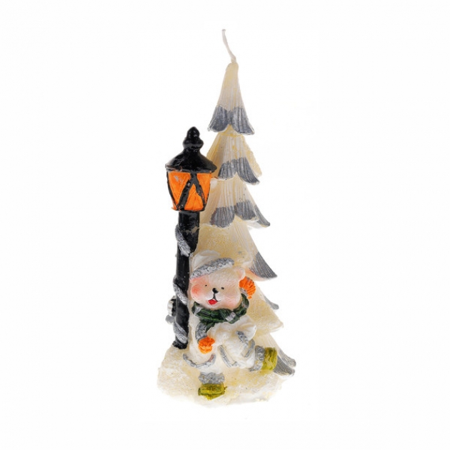 Новогодняя свеча мишка рядом с елкой и фонарем Snowmen Е40417