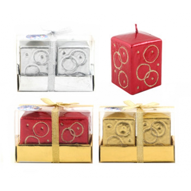 Новогодний набор из 2 блестящих квадратных свечей с узором 8 см Snowmen Е91119