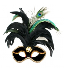 Новогодняя маска с перьями узорной тесьмой и самоцветом черная Snowmen Е91136