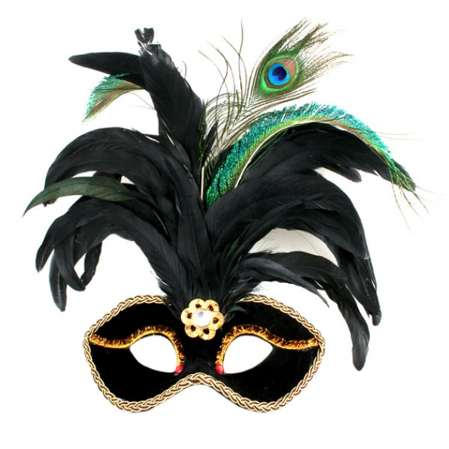 Новогодняя маска с перьями узорной тесьмой и самоцветом черная Snowmen Е91136